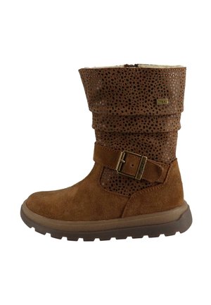 Brown suede ankle boot with perforated leather upper, adjustable strap with metal buckle, and textured brown rubber sole.