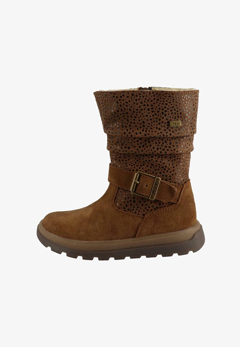 Brown suede ankle boot with perforated leather upper, adjustable strap with metal buckle, and textured brown rubber sole.