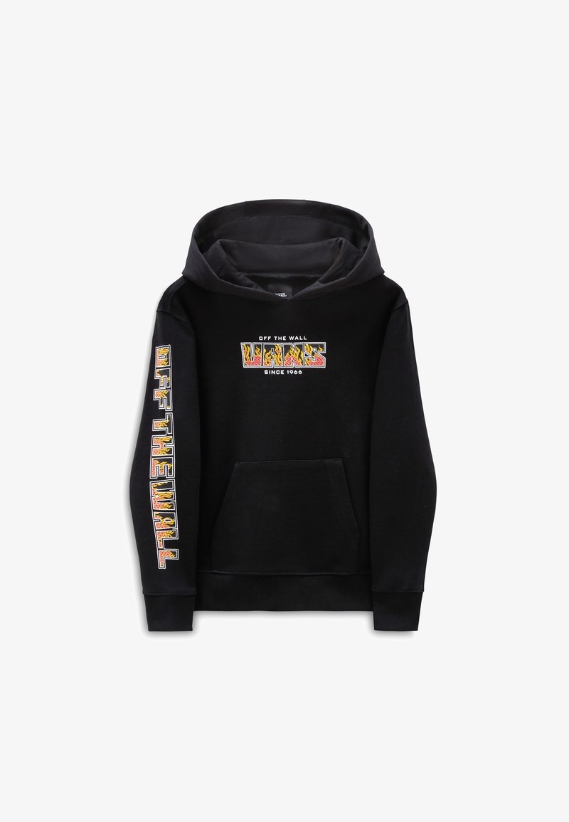 Hoodie noir avec poche kangourou à l'avant, logo "VANS Off The Wall Since 1966" en motif jaune-rouge sur la poitrine et texte sur la manche.