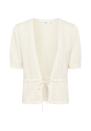 Leichter Cardigan aus Creme mit strukturiertem Muster, kurzen Ärmeln, offener Front und verstellbarem Knoten in der Taille. Strickstoff.