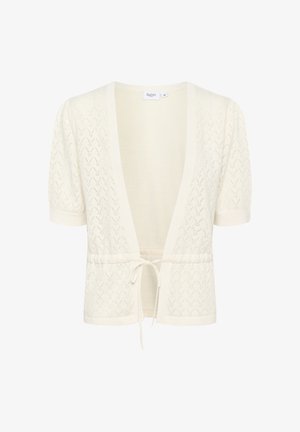 Lagani kardigan od krem boje s teksturiranim uzorkom, kratkim rukavima, otvorenim prednjim dijelom i podesivim vezicom oko struka. Pleteni materijal.