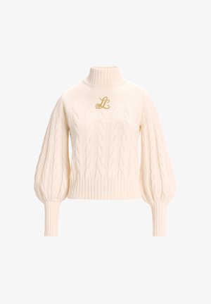 Dugott kötött pulóver törtfehér színben, álló gallérral, puffos ujjal és bordázott mandzsettával. Az elején egy hímzett, arany "LB" logó található.