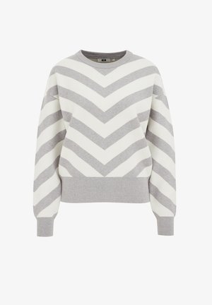 Pilkas ir baltas chevron raštas megztinis su gofruotomis rankovėmis ir apačia, pagamintas iš minkštos medžiagos, su apvalia iškirpte ir laisvu siluetu.