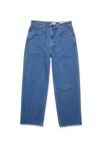 Jean en denim bleu taille haute avec jambes droites, bouton et zip devant, cinq poches dont une petite poche à monnaie à droite.