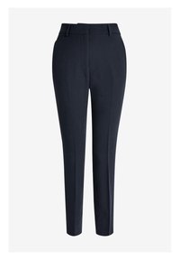 Donkerblauwe op maat gemaakte broeken van gladde stof, met een hoge taille, slim fit en twee voorzakken. Geen zichtbare patronen of hardware.