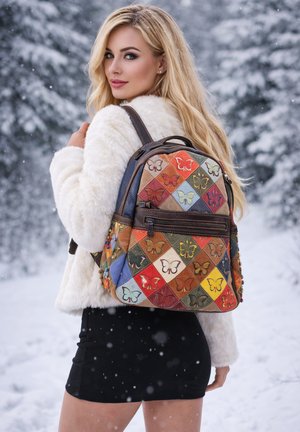Colorful patchwork backpack made of fabric with butterfly patterns, featuring a brown leather strap and zipper, and decorative beads on the side.