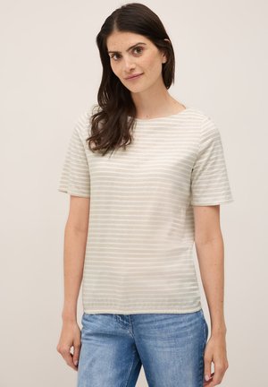 Camiseta de manga corta a rayas claras en tejido suave, con rayas horizontales en crema y beige pálido. Cuello redondo, corte holgado.