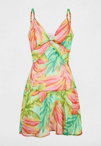 Abito floreale con spalline sottili in colori vivaci, caratterizzato da un corpetto arricciato, gonna a strati e fantasie di foglie tropicali e frutti su tessuto trasparente.
