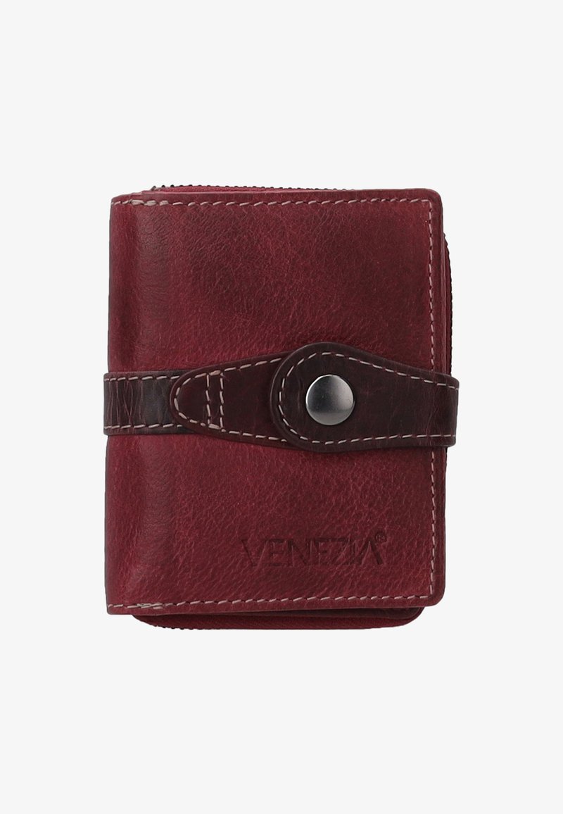 Red leather wallet with a zip closure, secured by a dark brown strap and silver snap button, featuring embossed brand name on the front.