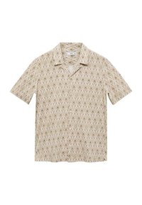 Koszula z krótkim rękawem w jasnobeżowym kolorze, zdobiona geometrycznym wzorem w ziemistych odcieniach, z klasycznym kołnierzykiem i zapinana na guziki.