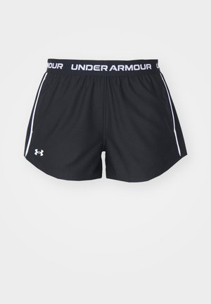 Zwarte sportshorts met witte zijaccenten en een elastische tailleband met het "UNDER ARMOUR"-logo in vette tekst. Glad, vochtafvoerend materiaal.