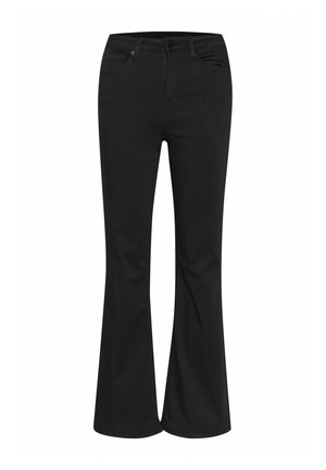 Jean évasé noir avec une texture lisse, présentant un design classique à cinq poches et une fermeture à bouton métallique. Confectionné pour une taille ajustée.