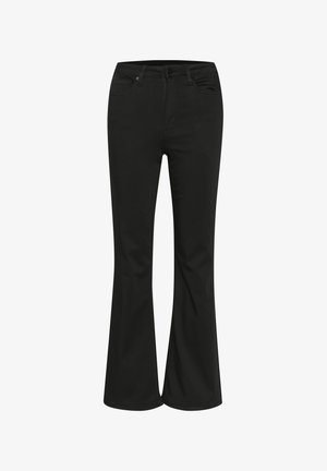 Zwarte flared jeans met een gladde textuur, voorzien van een klassieke vijf-pocket ontwerp en een metalen knoopsluiting. Gemaakt voor een aansluitende taille.