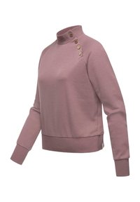 Felpa rosa con colletto alto, polsini a coste e quattro bottoni decorativi sulla spalla. Realizzata in morbido tessuto testurizzato.