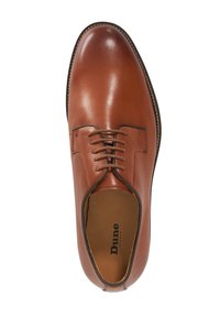 Brown leather dress shoe with a smooth finish, rounded toe, and decorative stitching. Features laces and a tan lining with logo.