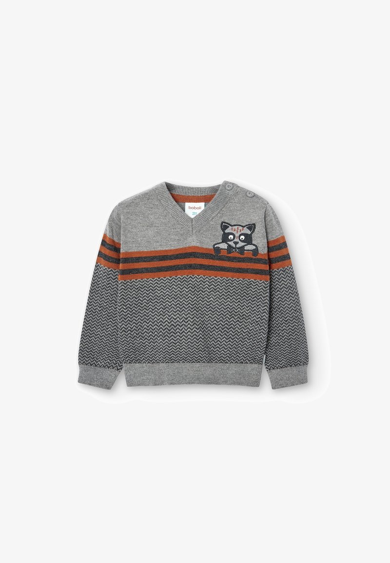 Pull pour tout-petit gris avec des rayures orange et marron foncé, patch visage de raton laveur sur la poitrine, col en V et boutons aux épaules.
