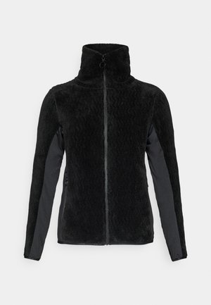Chaqueta de forro polar negra con cuello alto. Presenta un patrón texturizado en la parte delantera, mangas negras lisas y cierre de cremallera.