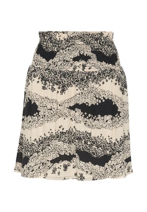 Black and white floral patterned skirt with a smocked waist, lightweight fabric, flared shape, and pleated detailing at the hem.