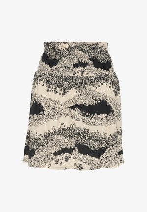 Black and white floral patterned skirt with a smocked waist, lightweight fabric, flared shape, and pleated detailing at the hem.