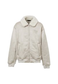 Bomber jacket beige chiaro con colletto in sherpa, zip frontale, polsini e orlo a costine, e due tasche laterali.
