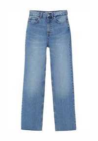 Jeans de pierna ancha en azul claro, fabricados en denim. Presentan un diseño estándar de cinco bolsillos, cierre de botón y costuras visibles.