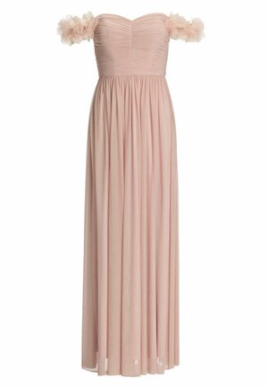 Light pink, floor-length strapless gown with ruched bodice and off-shoulder floral tulle sleeves, featuring a flowing skirt.