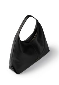 Schwarze Lederhandtasche mit strukturiertem Oberflächenmaterial, lockerer Form, einem Schulterriemen und einem Akzent mit Reißverschluss in goldfarbener Ausführung.