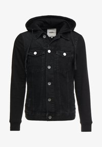 Veste en denim noire avec fermeture à boutons, poches poitrine et capuche noire attachée avec cordons.