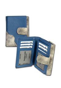 Blue leather wallet with metallic silver accents, featuring multiple card slots and a secure closure. Textured interior detailing visible.