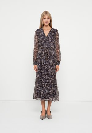Lang, marineblauwe jurk met een bloemenpatroon, v-hals, doorschijnende lange mouwen en een strik taille. Middellange lengte tot halverwege het kuit met een lichtgewicht textuur.