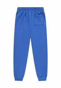 Blauwe katoenen sweatpants met een elastische tailleband, taps toelopende boorden en een enkele achterzak. Glad textuur, eenvoudig ontwerp.