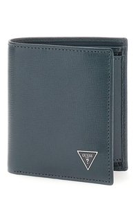 Folded wallet in textured dark gray synthetic material, featuring a silver triangular logo and contrast stitching. Compact design with card slots.