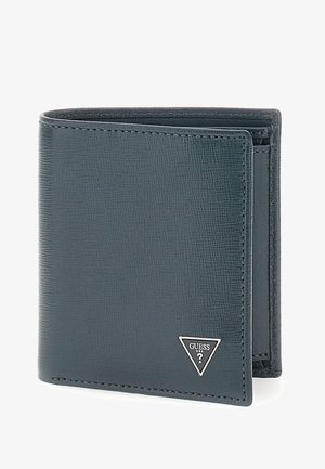 Portafoglio pieghevole in materiale sintetico grigio scuro testurizzato, con logo triangolare argento e cuciture a contrasto. Design compatto con scomparti per carte.