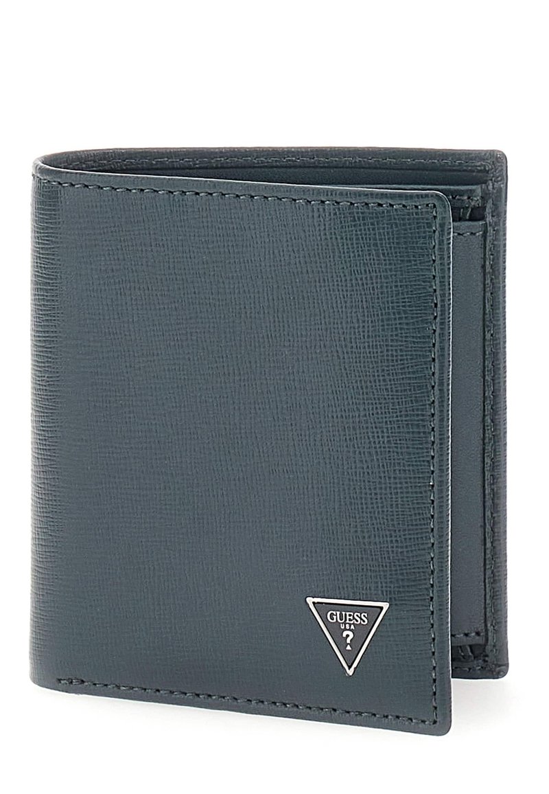Folded wallet in textured dark gray synthetic material, featuring a silver triangular logo and contrast stitching. Compact design with card slots.