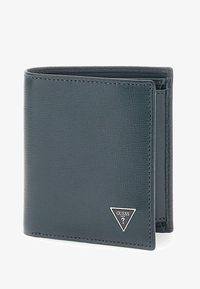 Folded wallet in textured dark gray synthetic material, featuring a silver triangular logo and contrast stitching. Compact design with card slots.