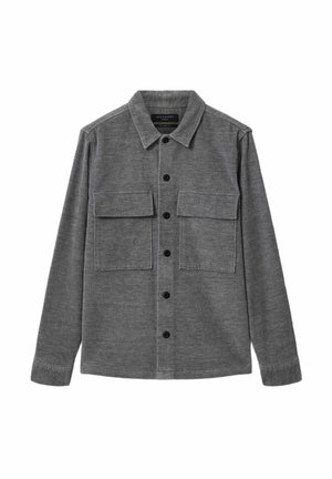 Grå kordfløjls skjortejakke med lange ærmer, to frontlommer med klap, knaplukning og klassisk krave.