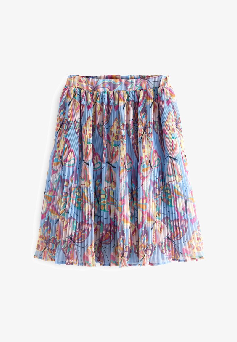 Jupe plissée avec un fond bleu clair et un imprimé multicolore de papillons aux tons rose, orange, jaune et violet.