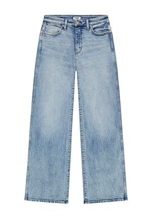 Lichtblauwe high-waist wijde jeans met knoop- en ritsluiting, voor- en achterzakken en subtiele vervaagde details.