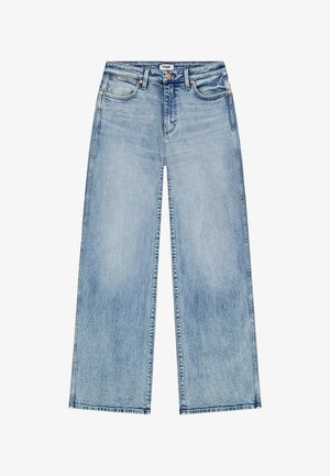 Lichtblauwe high-waist wijde jeans met knoop- en ritsluiting, voor- en achterzakken en subtiele vervaagde details.