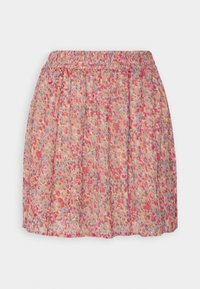 Falda de estampado floral hecha de tela ligera con cintura elástica; presenta tonalidades de rosa, beige y azul claro. Diseño plisado.