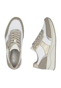 Weiße und hellgraue Sneakers mit strukturierten Akzenten, Schnürsenkeln und einem Reißverschluss an der Seite. Ausgestattet mit einer gepolsterten Sohle für Komfort und Unterstützung.