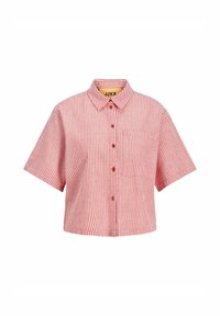 Rood-witte gestreepte korte mouwen shirt met knoopsluiting aan de voorkant en een borstzak, gemaakt van lichtgewicht stof, met een klassiek kraagontwerp.