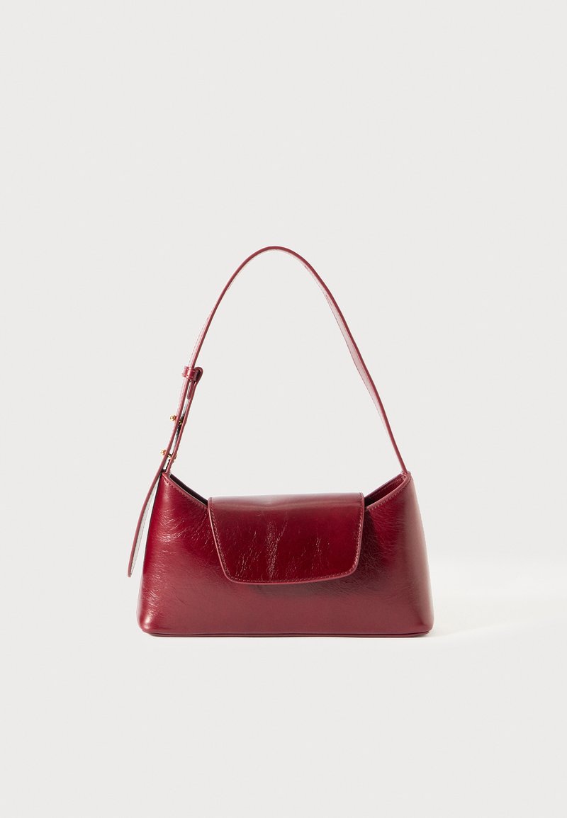 Burgundy leather handbag with a structured shape, a fold-over flap, and a thin, adjustable strap. Smooth texture and minimalistic design.