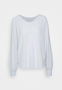 Ljusblå långärmad tröja med strukturerad stickad mönster, bred halsringning och åtsittande ärmmuddar. Mjuk fabric med en avslappnad passform.