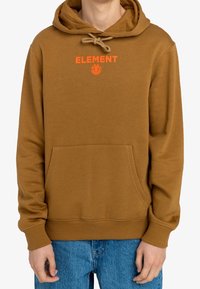 Brown hoodie made of cotton-blend material, featuring a kangaroo pocket, orange "ELEMENT" logo, and drawstring hood. Classic fit.