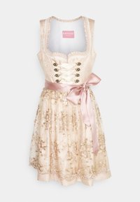 Robe traditionnelle couleur crème avec broderie florale, devant à lacets, et ruban de taille en satin rose noué en nœud sur le côté.