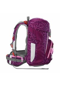 Purple backpack with a geometric pattern, gray straps, multiple pockets, reflective accents, and pink zipper pulls. Includes adjustable harness.