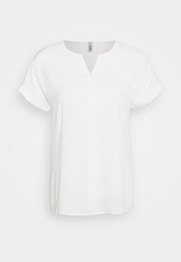 Blusa bianca a maniche corte con scollo a V, caratterizzata da una cucitura centrale e una texture di tessuto morbido, che offre un design semplice e pulito.
