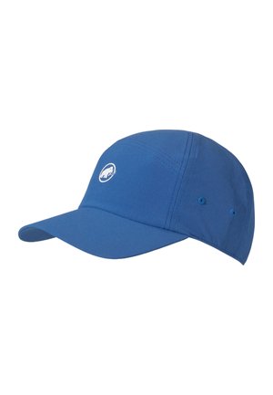 Blaues Baseballcap mit gebogenem Schirm und weißem Mammut-Logo auf der Vorderseite, mit abgesteppten Nähten und Lüftungsösen.