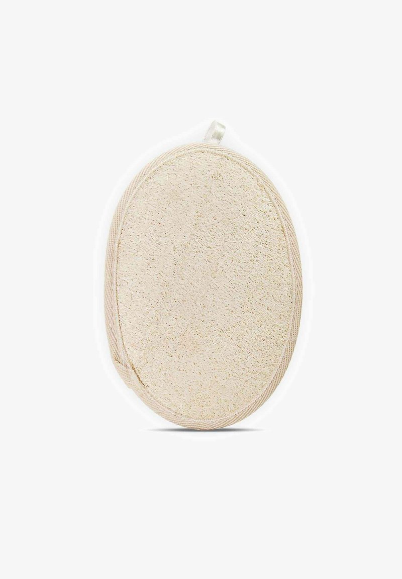 Natural fiber oval bath sponge in light beige, featuring a textured surface and a stitched edge. Includes a loop for hanging storage.